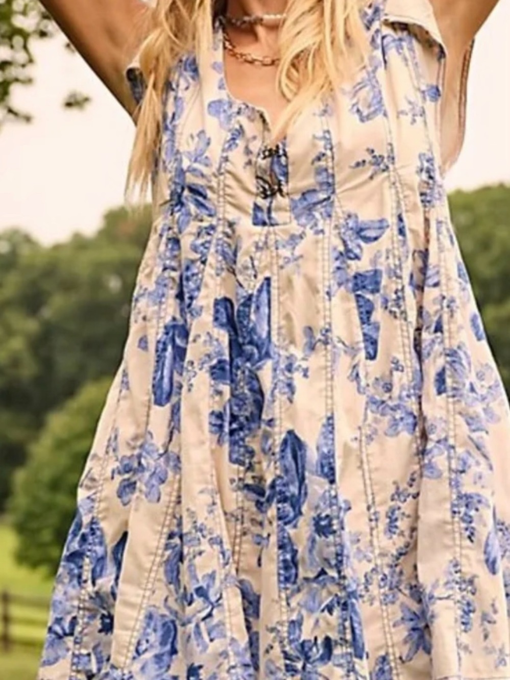 Free People Sully Trapeze Floral Mini Dress Blue Ivory Cotton Boho M Coastal